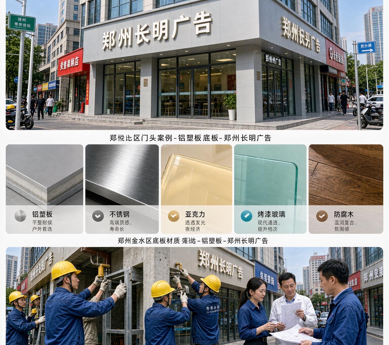 郑州门头底板材质怎么选？5种常见材料对比及价格（铝塑板/不锈钢/亚克力/烤漆玻璃/防腐木）-郑州长明广告-郑州门头招牌制作